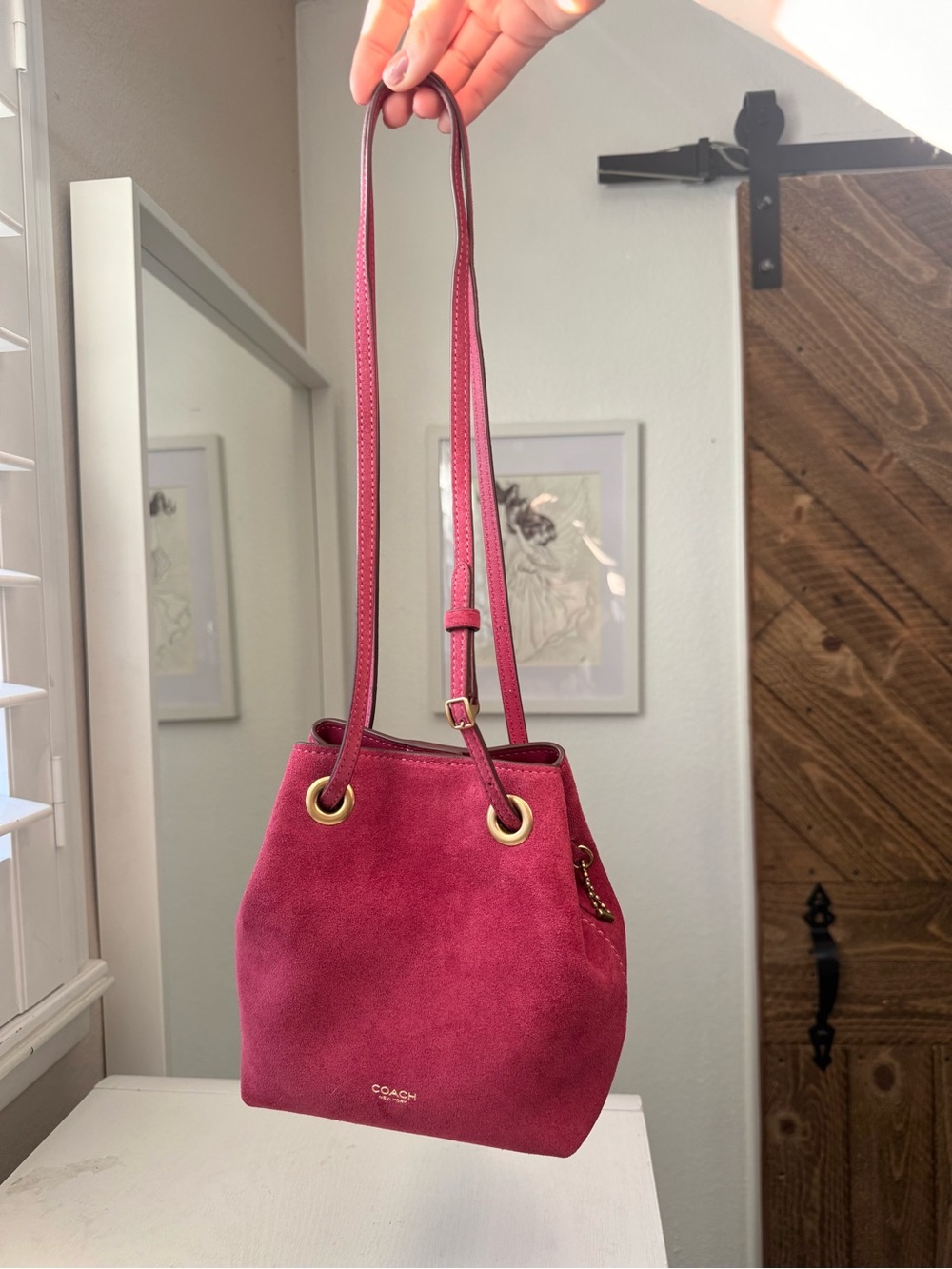 Coach Jade Drawstring Bag Dark Fuchsia Suede